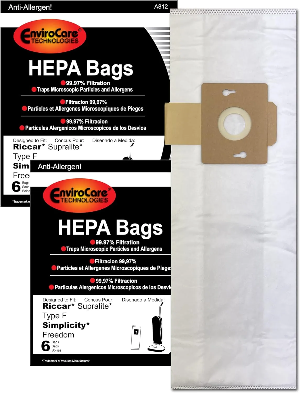 EnviroCare Replacement HEPA Vacuum Cleaner bags made to fit Riccar Supralite Type F and Simplicity Freedom Uprights 12 pack