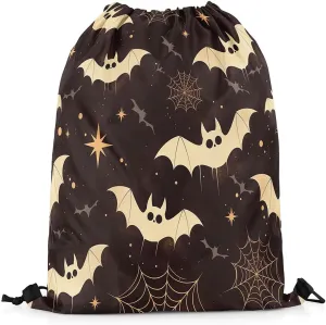 Erosebridal Halloween Bat String Backpack Halloween Spider Web Stars Draw String Back Bag Spooky Black Grey Drawstring Bags Halloween Horror Theme Drawstring Backpack Reversible,13X15.7