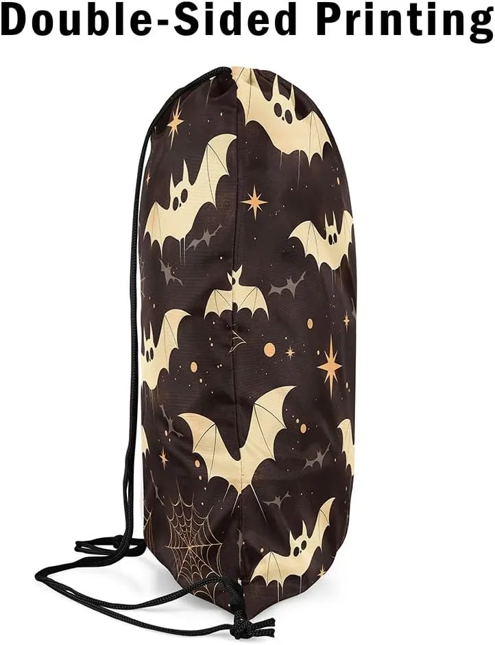 Erosebridal Halloween Bat String Backpack Halloween Spider Web Stars Draw String Back Bag Spooky Black Grey Drawstring Bags Halloween Horror Theme Drawstring Backpack Reversible,13X15.7