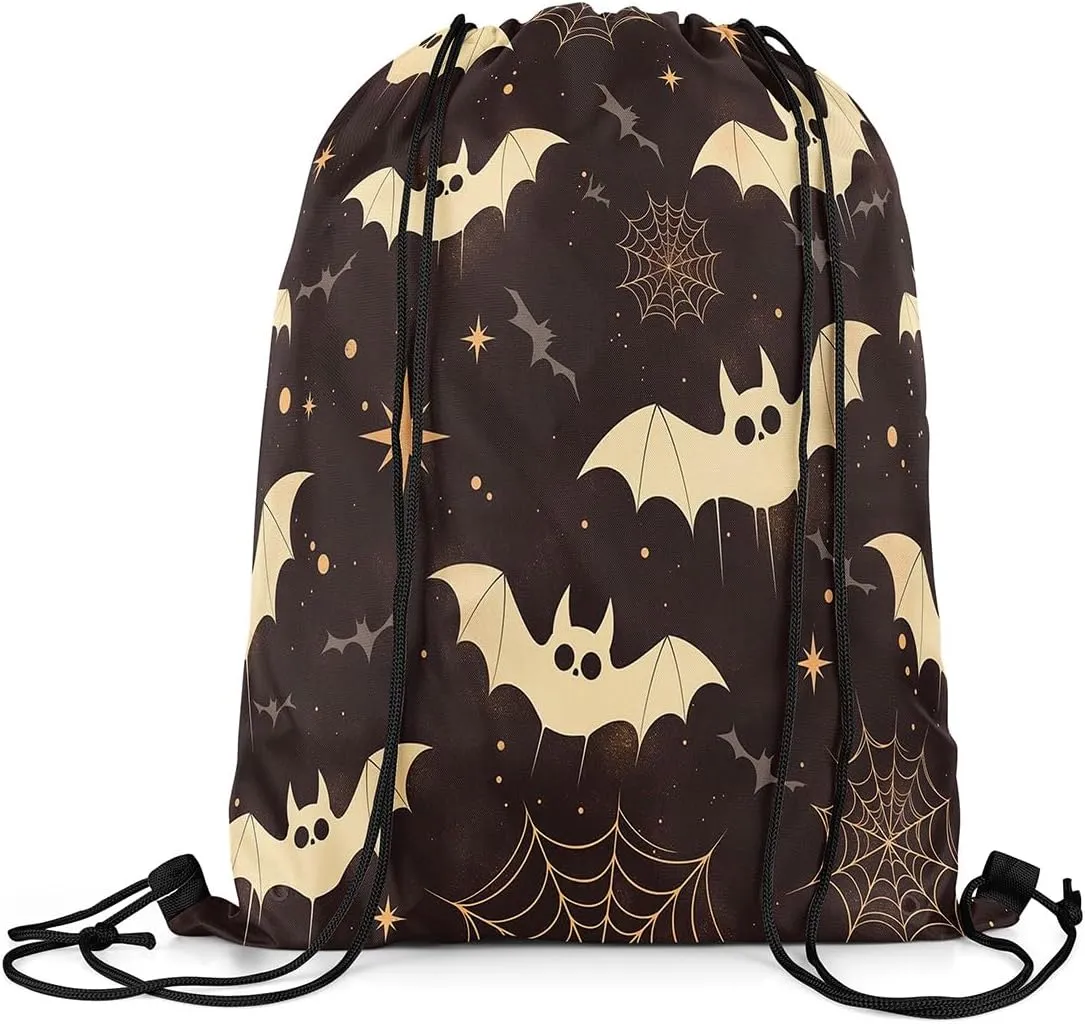 Erosebridal Halloween Bat String Backpack Halloween Spider Web Stars Draw String Back Bag Spooky Black Grey Drawstring Bags Halloween Horror Theme Drawstring Backpack Reversible,13X15.7