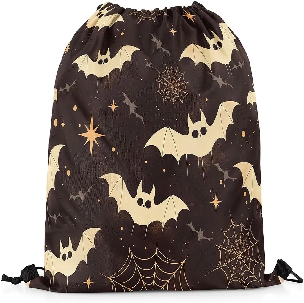 Erosebridal Halloween Bat String Backpack Halloween Spider Web Stars Draw String Back Bag Spooky Black Grey Drawstring Bags Halloween Horror Theme Drawstring Backpack Reversible,13X15.7