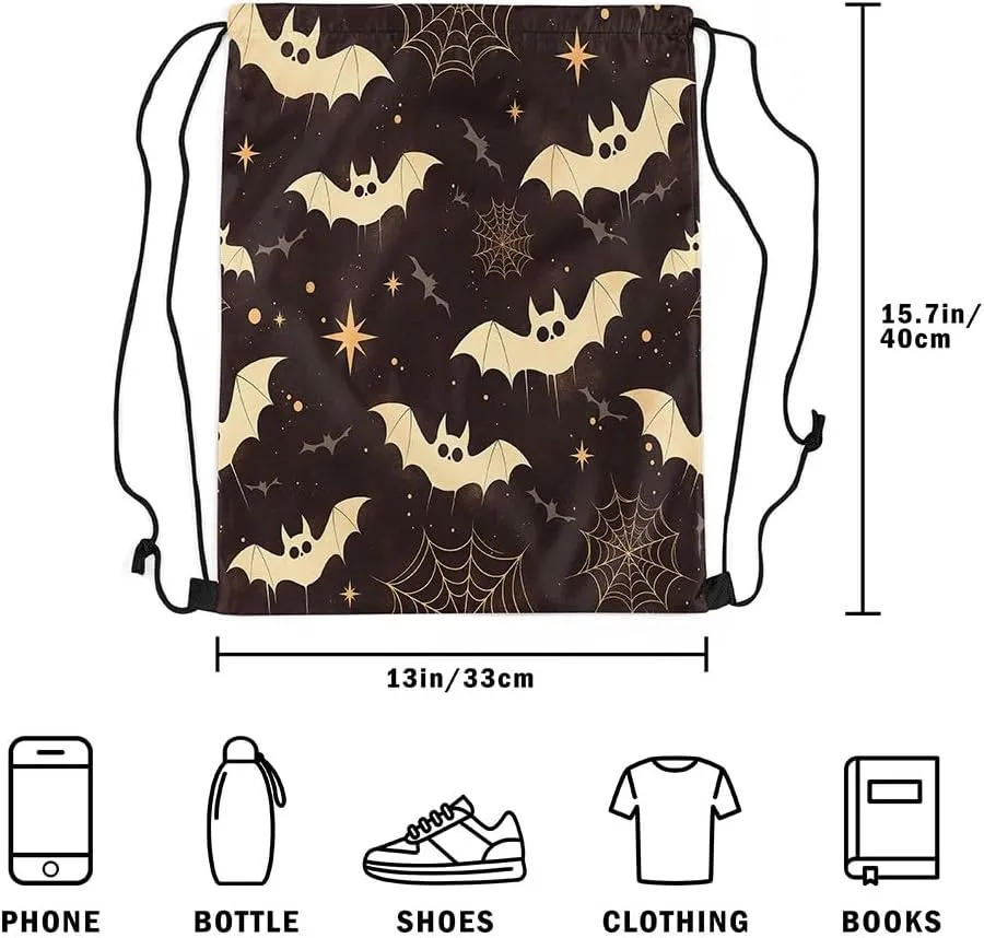 Erosebridal Halloween Bat String Backpack Halloween Spider Web Stars Draw String Back Bag Spooky Black Grey Drawstring Bags Halloween Horror Theme Drawstring Backpack Reversible,13X15.7