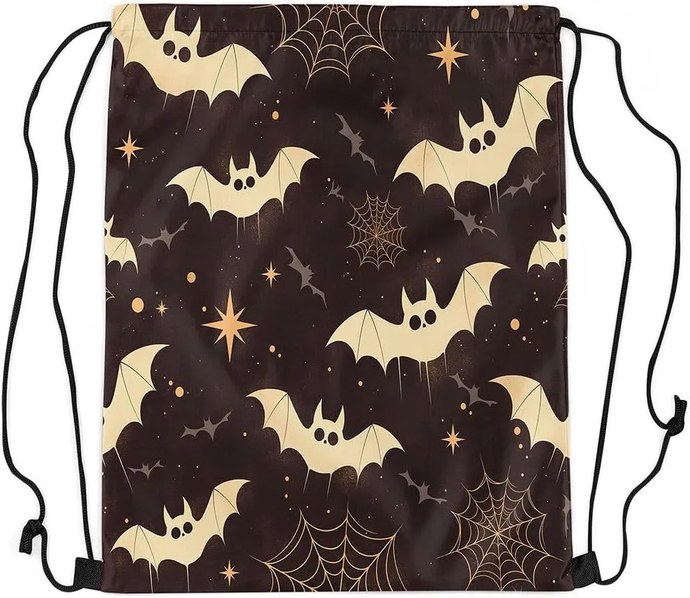 Erosebridal Halloween Bat String Backpack Halloween Spider Web Stars Draw String Back Bag Spooky Black Grey Drawstring Bags Halloween Horror Theme Drawstring Backpack Reversible,13X15.7