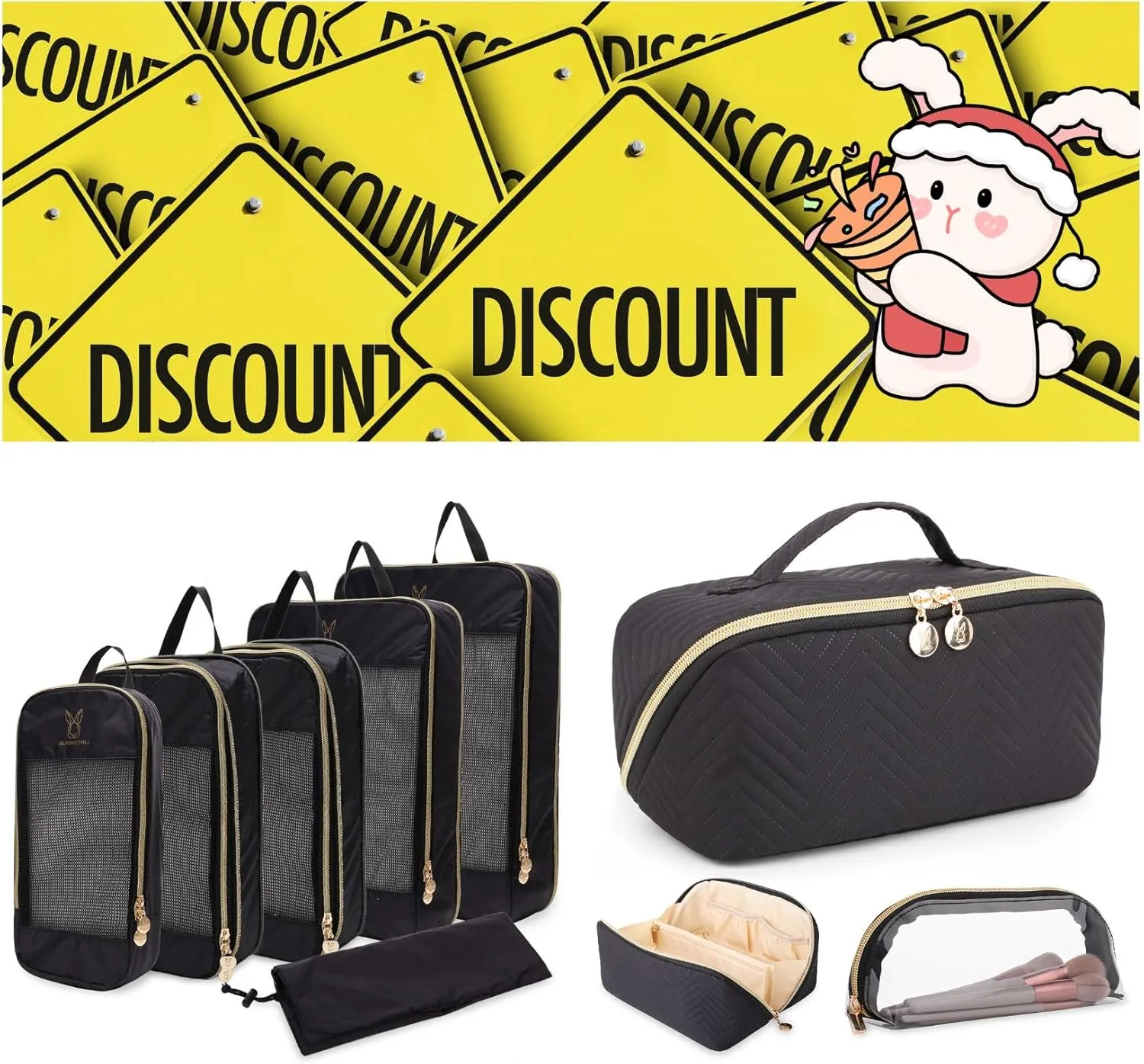 Expandable Compression Packing Cubes for Suitcases (Black) & Makeup Bag Cosmetic Bag (Black)