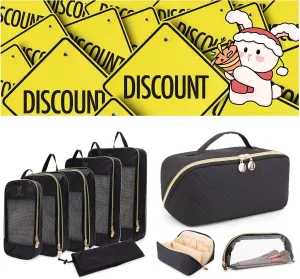 Expandable Compression Packing Cubes for Suitcases (Black) & Makeup Bag Cosmetic Bag (Black)