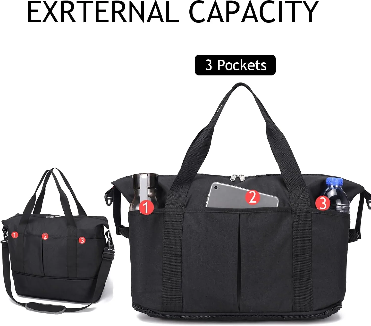 Expandable Duffle Bag for Travel, Weekender Overnight Carry On Bag for Women Men, Waterproof Large Capacity Travel Bag with Detachable Shoulder Strap and Wet Pocket(Black)