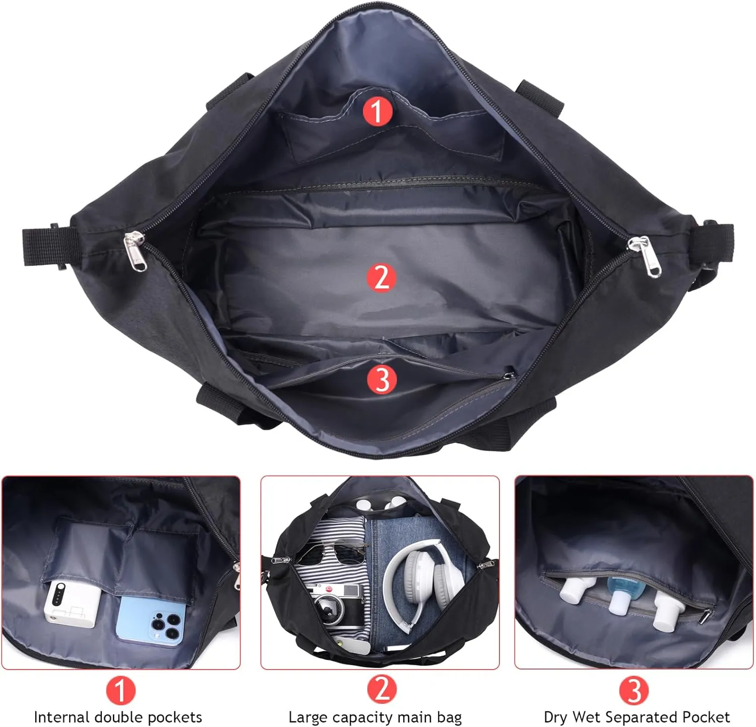 Expandable Duffle Bag for Travel, Weekender Overnight Carry On Bag for Women Men, Waterproof Large Capacity Travel Bag with Detachable Shoulder Strap and Wet Pocket(Black)