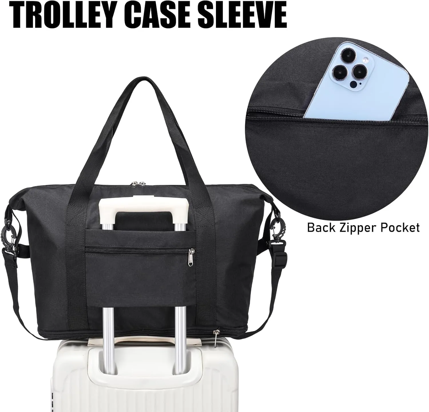 Expandable Duffle Bag for Travel, Weekender Overnight Carry On Bag for Women Men, Waterproof Large Capacity Travel Bag with Detachable Shoulder Strap and Wet Pocket(Black)
