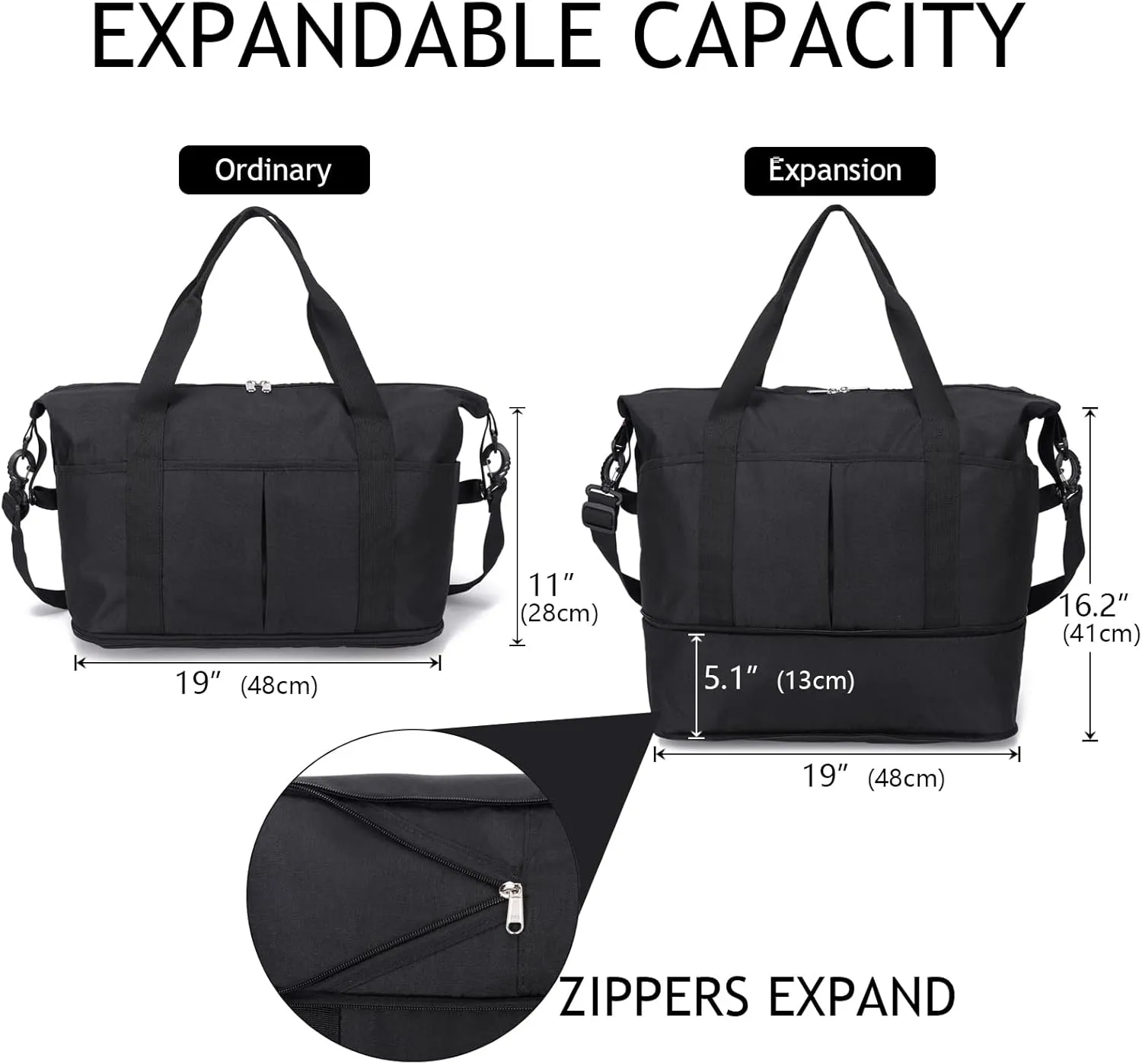 Expandable Duffle Bag for Travel, Weekender Overnight Carry On Bag for Women Men, Waterproof Large Capacity Travel Bag with Detachable Shoulder Strap and Wet Pocket(Black)