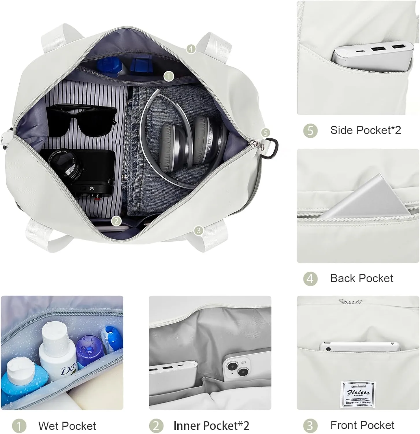 Expandable Travel Duffle Bag for Women Men, Large Gym Bag Travel Tote Bags, Waterproof Carry On Personal Item Bag Airline Approved, Overnight Workout Weekender Bag with Luggage Sleeve, Moon White