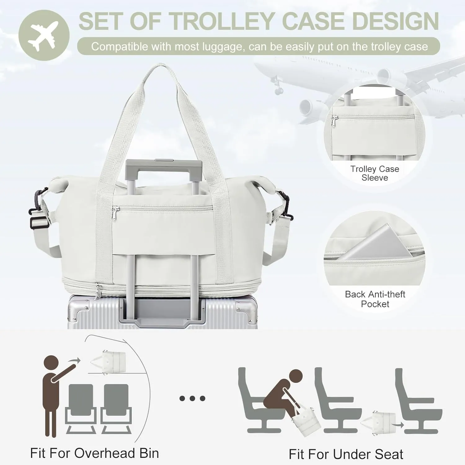 Expandable Travel Duffle Bag for Women Men, Large Gym Bag Travel Tote Bags, Waterproof Carry On Personal Item Bag Airline Approved, Overnight Workout Weekender Bag with Luggage Sleeve, Moon White
