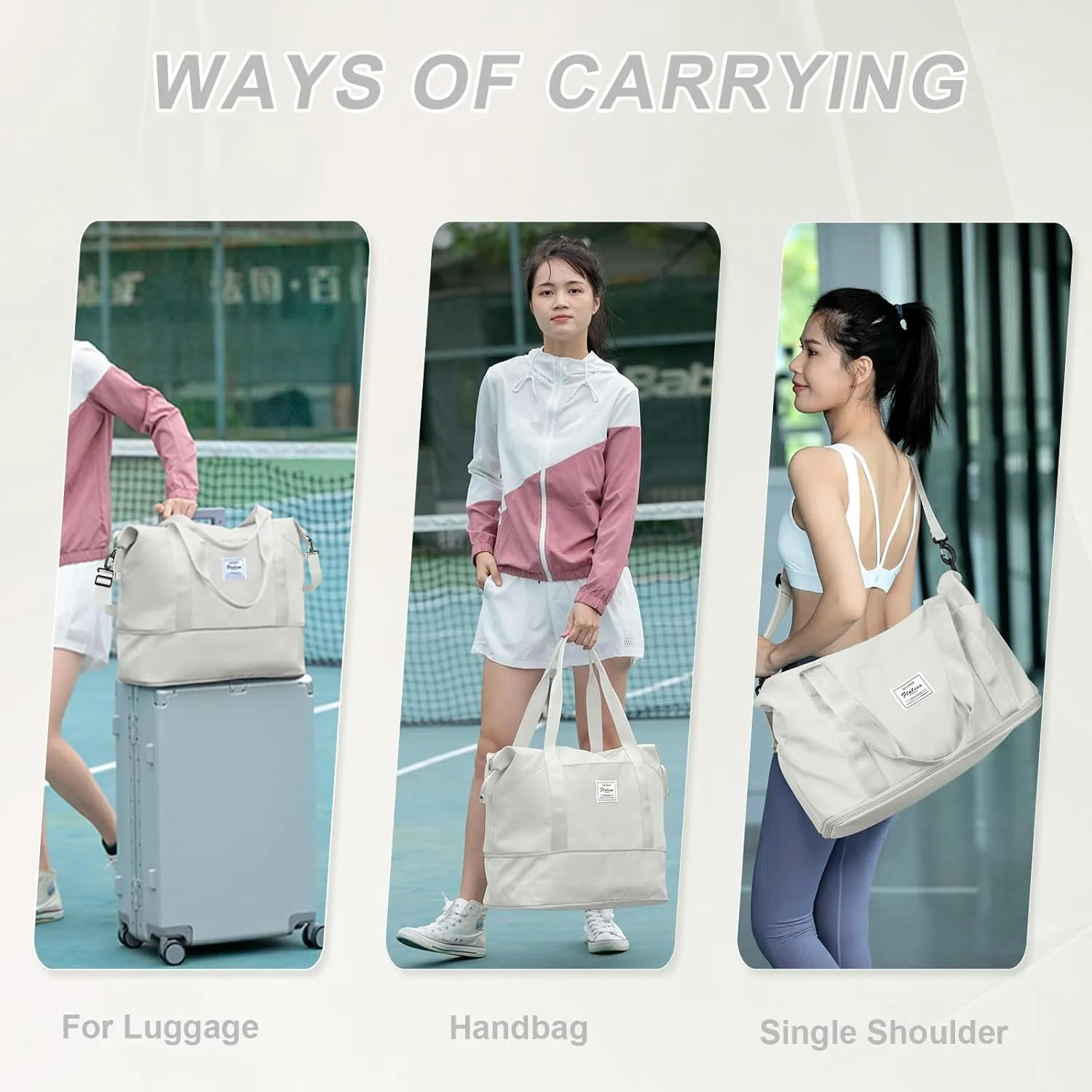 Expandable Travel Duffle Bag for Women Men, Large Gym Bag Travel Tote Bags, Waterproof Carry On Personal Item Bag Airline Approved, Overnight Workout Weekender Bag with Luggage Sleeve, Moon White