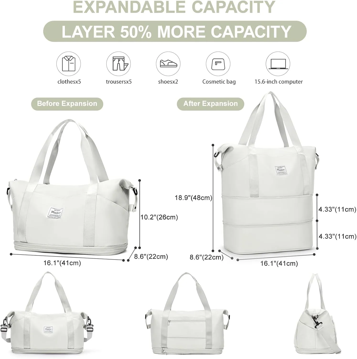Expandable Travel Duffle Bag for Women Men, Large Gym Bag Travel Tote Bags, Waterproof Carry On Personal Item Bag Airline Approved, Overnight Workout Weekender Bag with Luggage Sleeve, Moon White