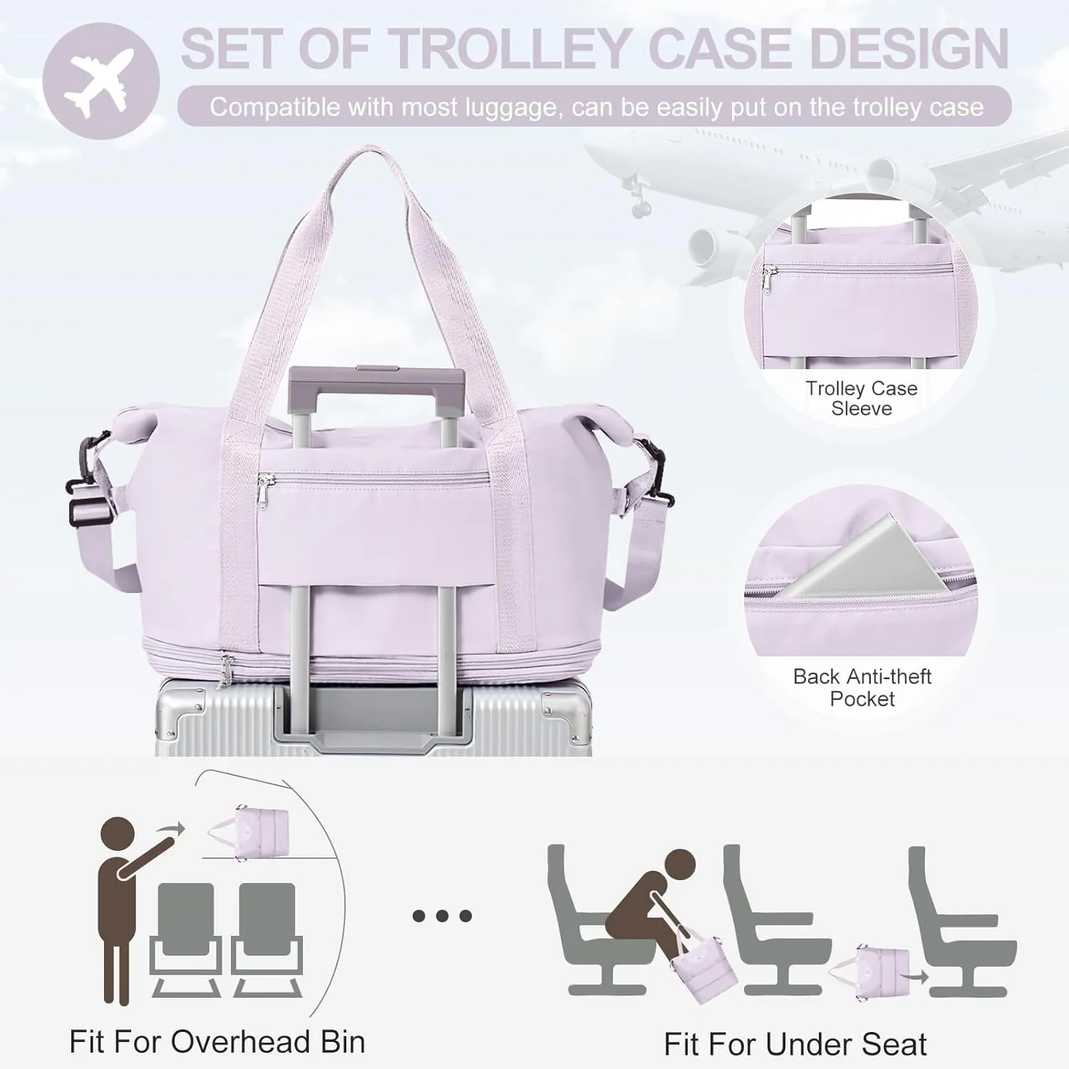 Expandable Travel Duffle Bag for Women Men, Large Gym Bag Travel Tote Bags, Waterproof Carry On Personal Item Bag Airline Approved, Workout Weekender Bag for Overnight Trip with Luggage Sleeve, Purple
