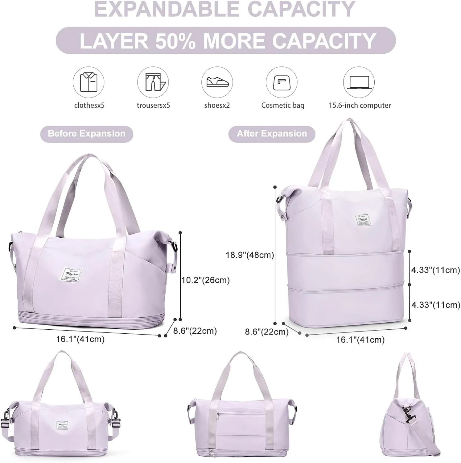 Expandable Travel Duffle Bag for Women Men, Large Gym Bag Travel Tote Bags, Waterproof Carry On Personal Item Bag Airline Approved, Workout Weekender Bag for Overnight Trip with Luggage Sleeve, Purple