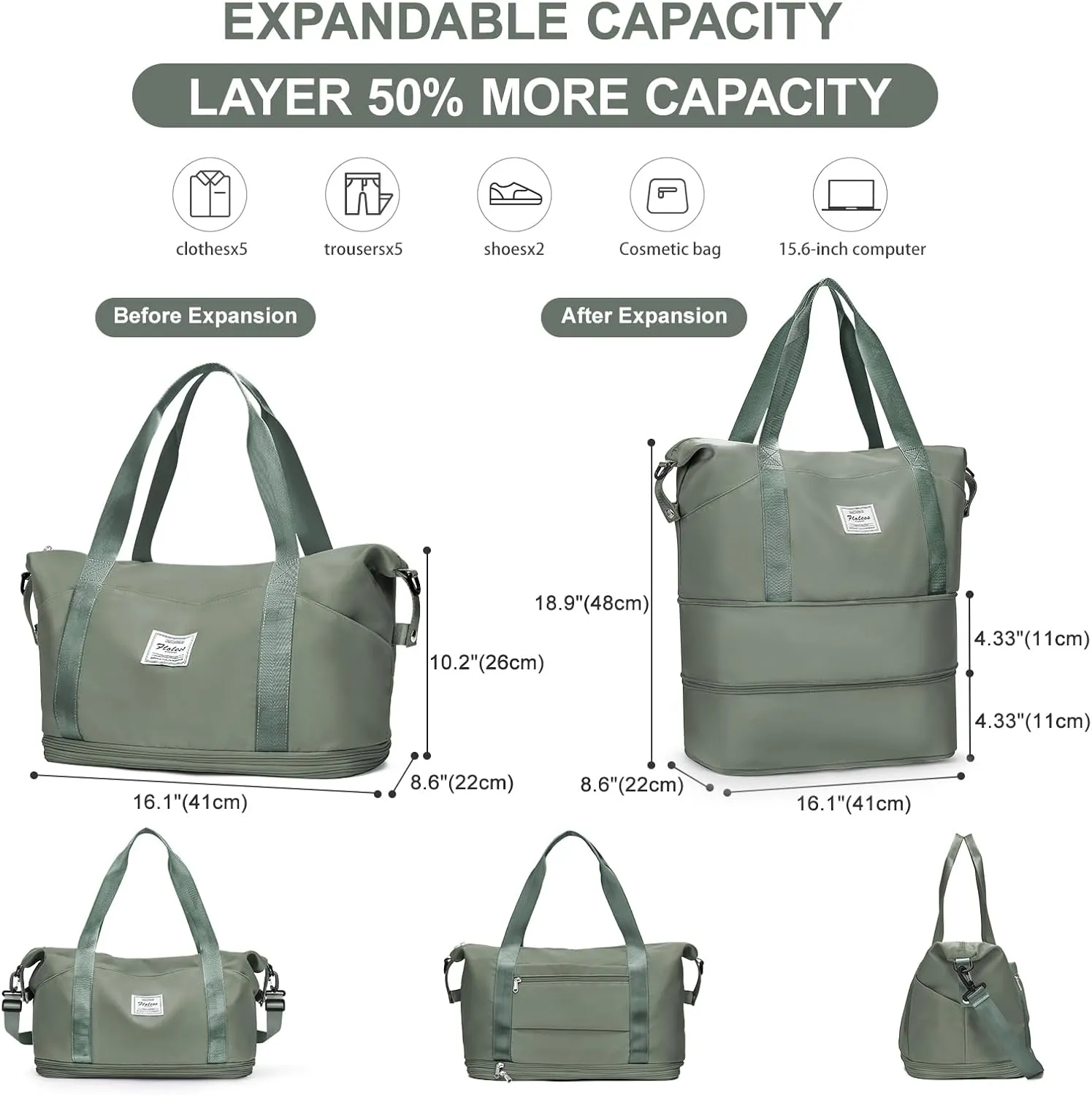 Expandable Travel Duffle Bag for Women Men, Large Gym Bag Travel Tote Bags, Waterproof Carry On Personal Item Bag Airline Approved, Workout Weekender Bag for Overnight Trips with Luggage Sleeve, Green