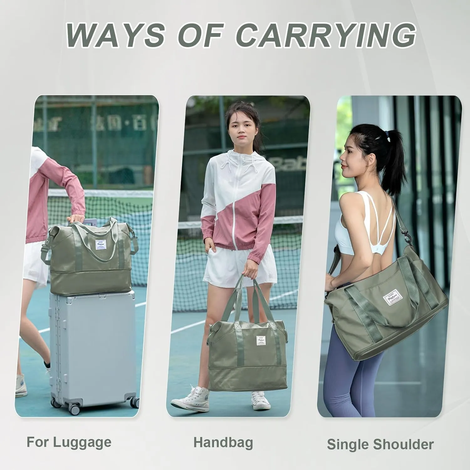 Expandable Travel Duffle Bag for Women Men, Large Gym Bag Travel Tote Bags, Waterproof Carry On Personal Item Bag Airline Approved, Workout Weekender Bag for Overnight Trips with Luggage Sleeve, Green