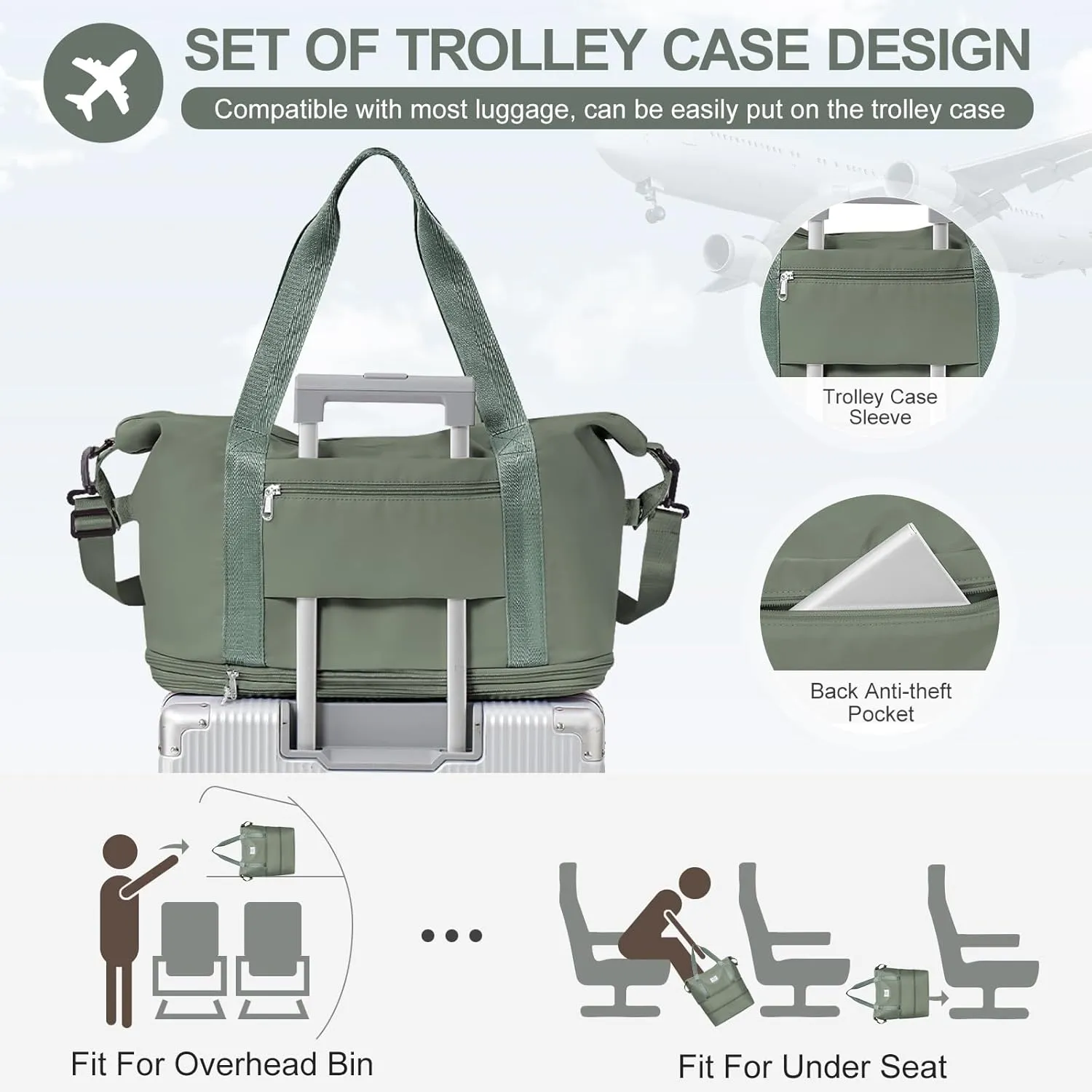 Expandable Travel Duffle Bag for Women Men, Large Gym Bag Travel Tote Bags, Waterproof Carry On Personal Item Bag Airline Approved, Workout Weekender Bag for Overnight Trips with Luggage Sleeve, Green