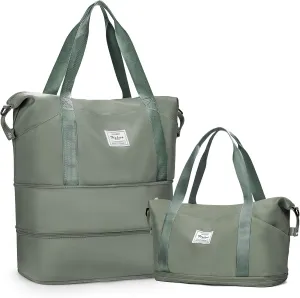Expandable Travel Duffle Bag for Women Men, Large Gym Bag Travel Tote Bags, Waterproof Carry On Personal Item Bag Airline Approved, Workout Weekender Bag for Overnight Trips with Luggage Sleeve, Green