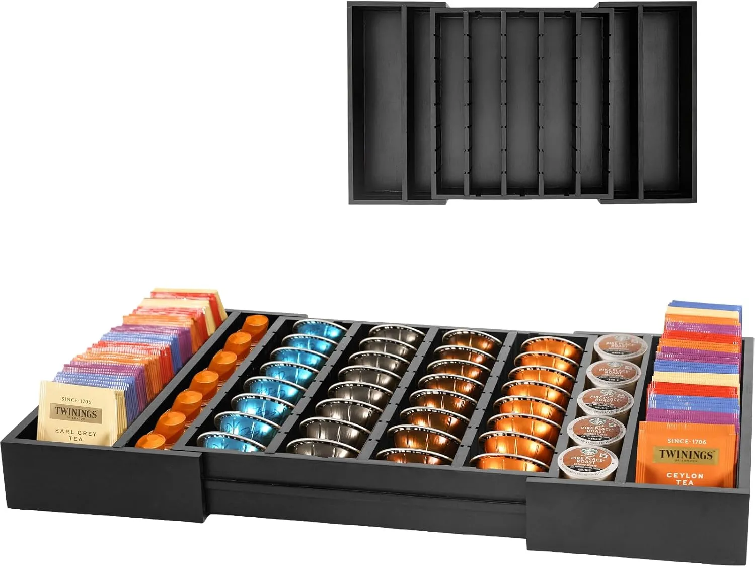 Extra Large Coffee Pod Holder Drawer Expandable Bamboo Coffee Pod Storage Holder Tea Bag Organizer with Adjustable Dividers, Hold 35-42 Coffee Capsules and 80 Tea Bags(Black)