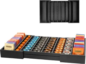 Extra Large Coffee Pod Holder Drawer Expandable Bamboo Coffee Pod Storage Holder Tea Bag Organizer with Adjustable Dividers, Hold 35-42 Coffee Capsules and 80 Tea Bags(Black)