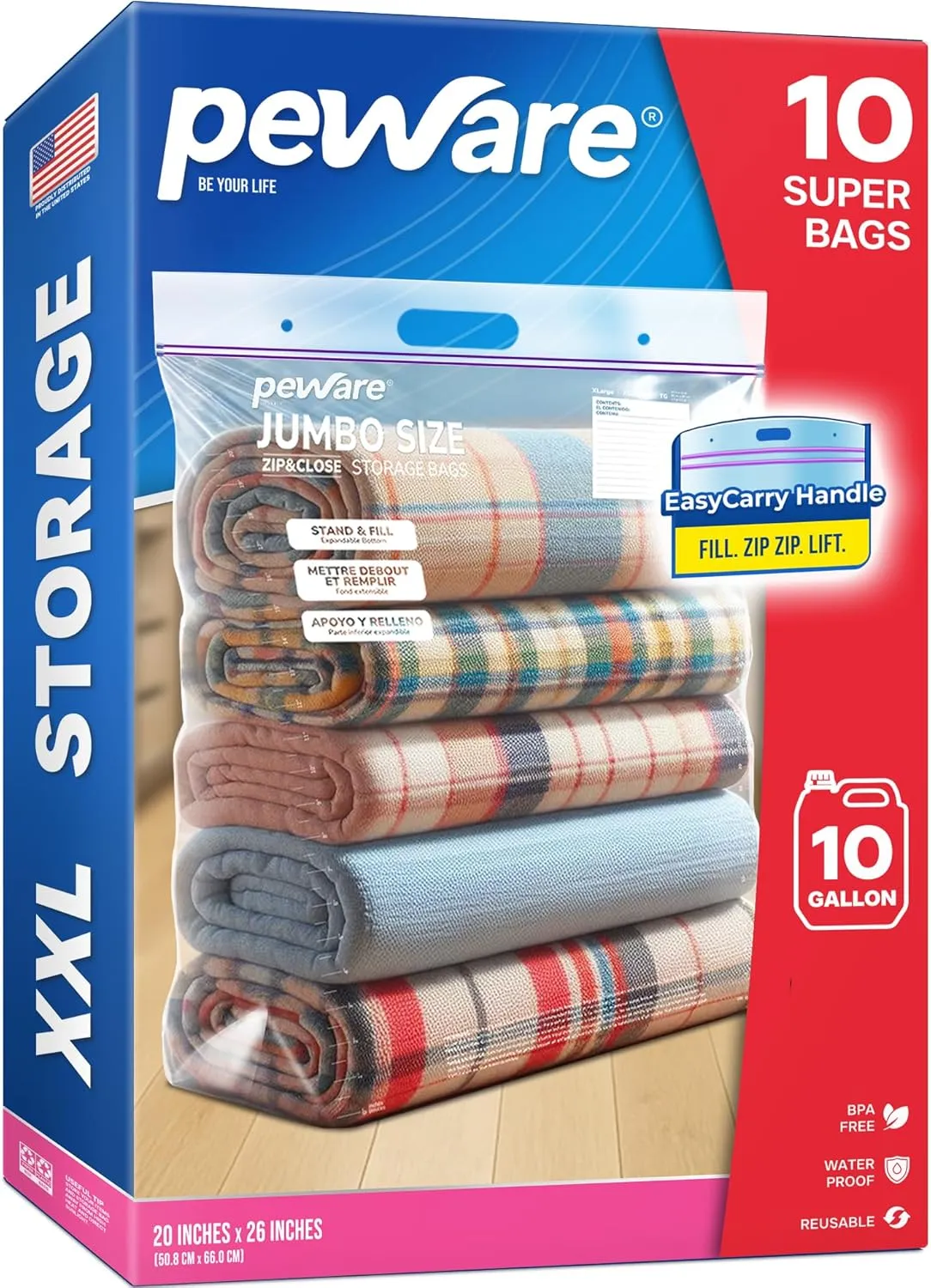 Extra Large Storage Bags with Zipper Seal, Jumbo XL Resealable Plastic Bags, 10 Gallon for Clothes, Food, Bedding, or Travel, 20"x26" [10 Pack]