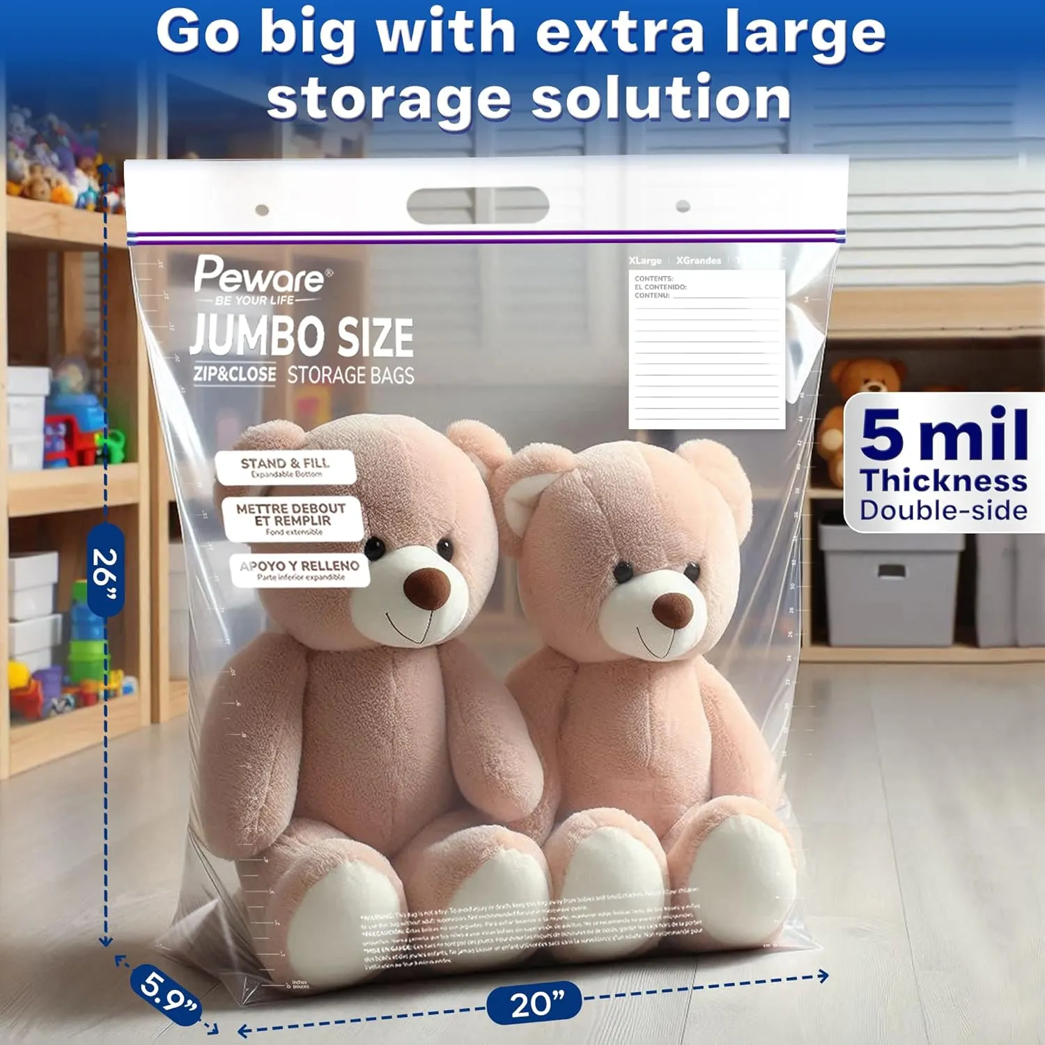 Extra Large Storage Bags with Zipper Seal, Jumbo XL Resealable Plastic Bags, 10 Gallon for Clothes, Food, Bedding, or Travel, 20"x26" [10 Pack]