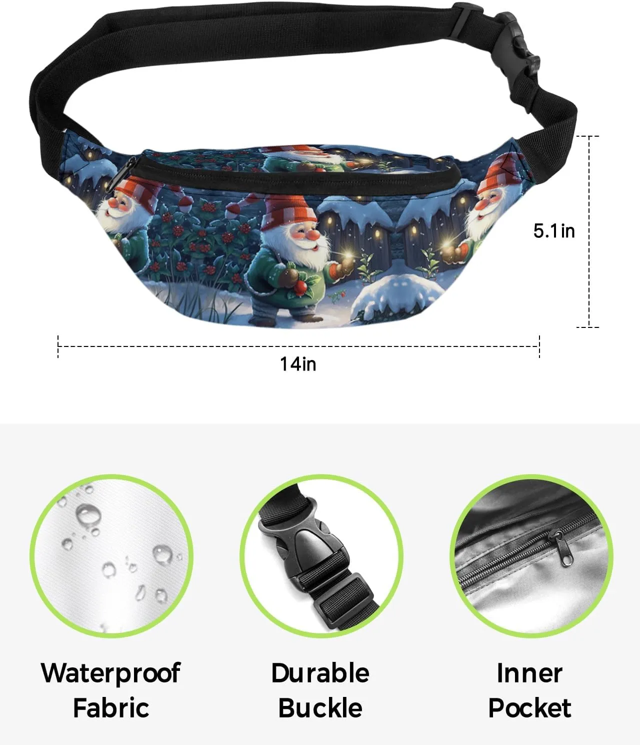Fanny Pack,Christmas Santa Claus Flower Homes Candlelight Tree Winter Waist Packs with Adjustable Belt,Casual Bag Bum Bags for Travel Sports Running 14"x5"