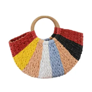 Fashion New color patchwork straw bag Hand-woven bag Simple retro casual handbag big bag