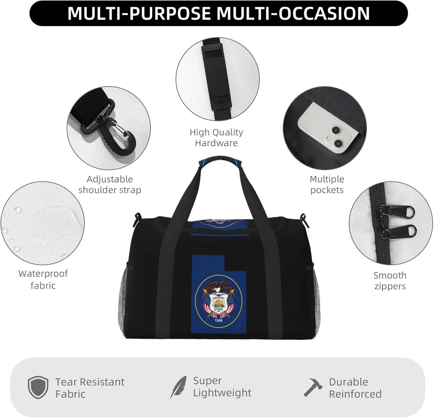 Flag Map Of Utah Travel Duffel Bag Large Foldable Waterproof Overnight Bag For Beach Swim Bags Pool Sports Gym