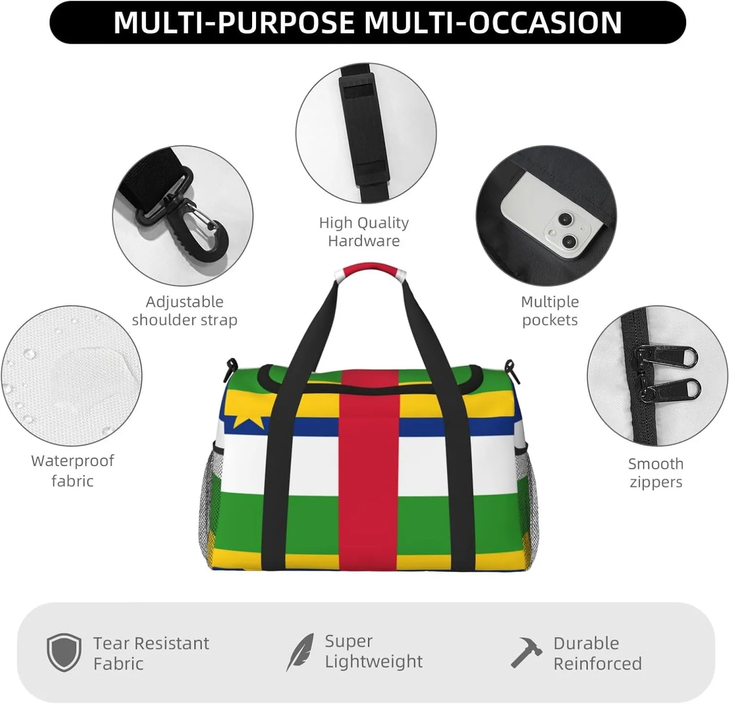 Flag Of Central African Travel Duffel Bag Large Foldable Waterproof Overnight Bag For Beach Swim Bags Pool Sports Gym