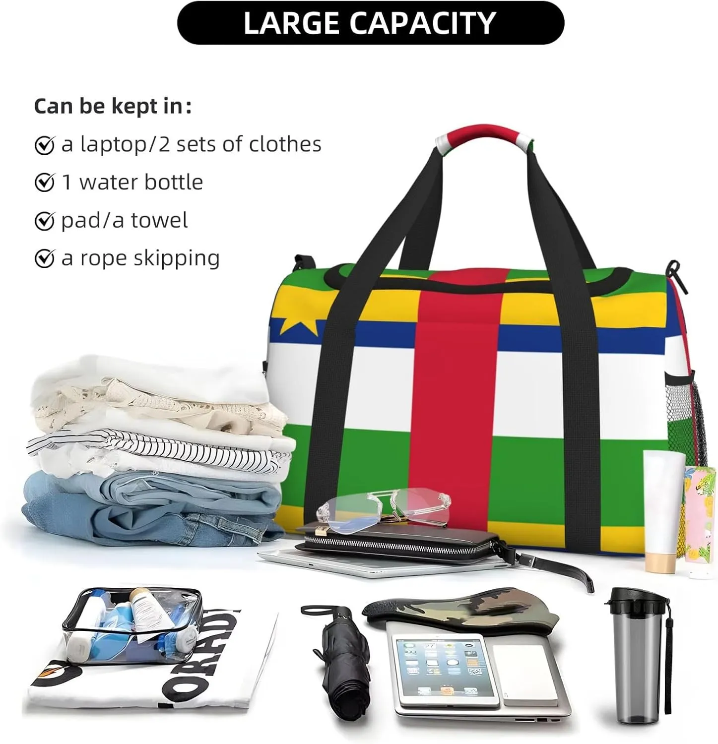 Flag Of Central African Travel Duffel Bag Large Foldable Waterproof Overnight Bag For Beach Swim Bags Pool Sports Gym