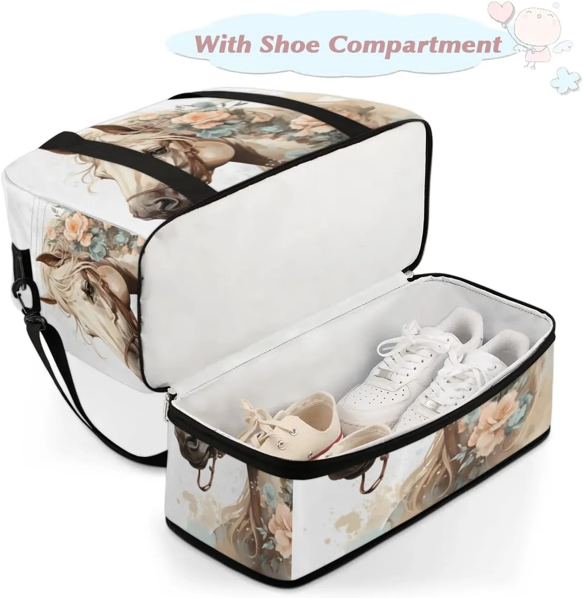 Foldable Travel Duffel Bag, Expandable Weekender Overnight Carry on Bags with Shoe Compartment Sport Tote Gym Luggage for Women Men, Horse