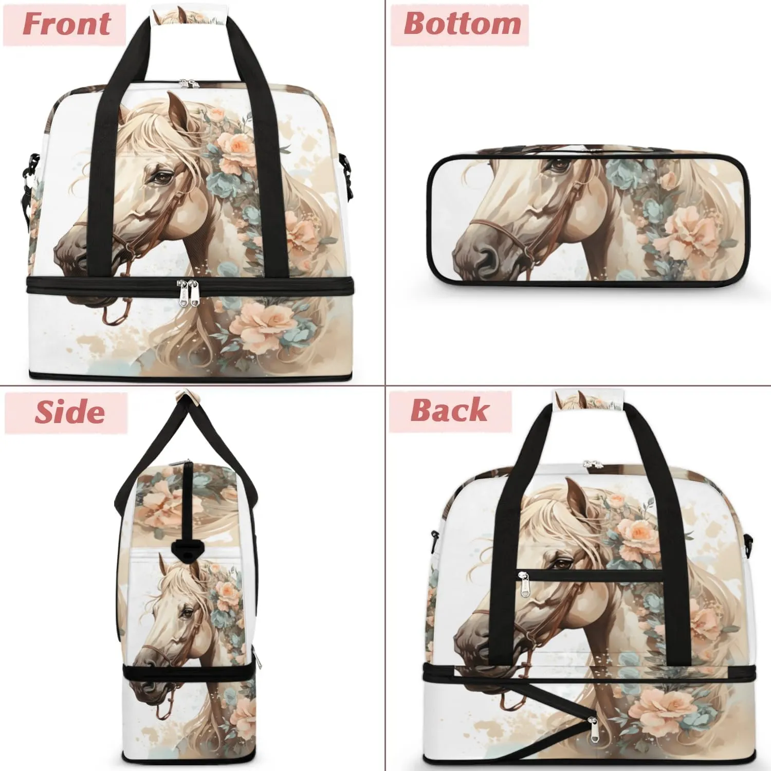 Foldable Travel Duffel Bag, Expandable Weekender Overnight Carry on Bags with Shoe Compartment Sport Tote Gym Luggage for Women Men, Horse