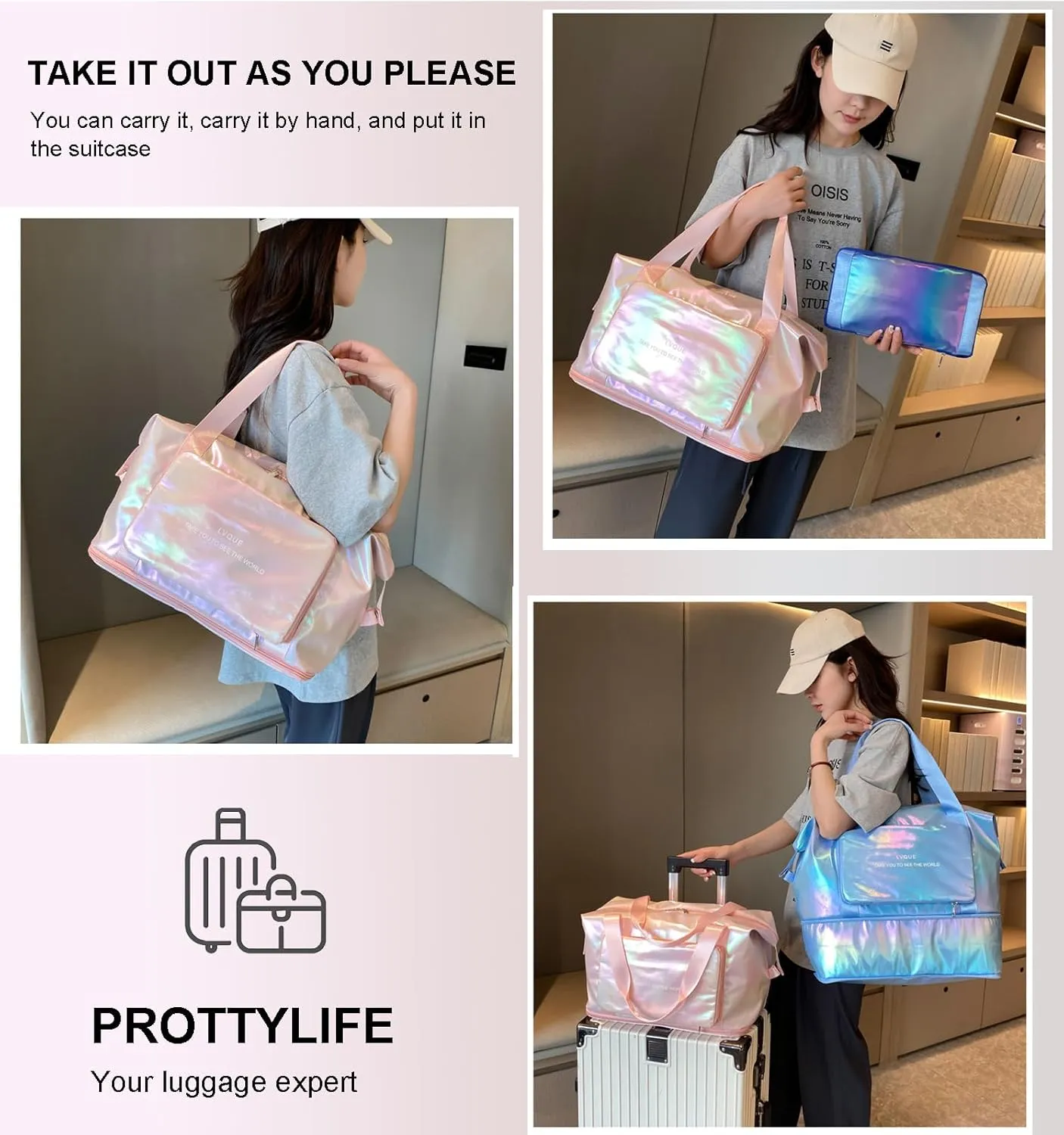 Foldable Travel Duffle Bag with Expandable Luggage Sleeve Wet Pocket Shoe Compartment Overnight Bag Weekender Tote