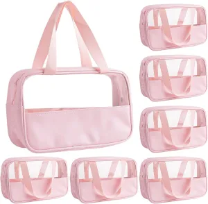 Framendino, 9 Pack Large Translucent Makeup Bag Waterproof Travel Toiletry Portable Cosmetic with Hanging Handles Storage Carry Pouch (Pink)