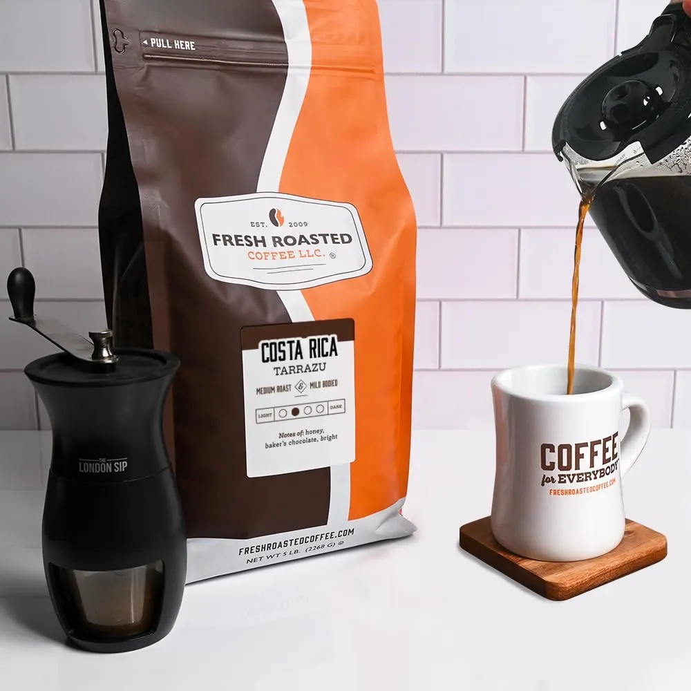 Fresh Roasted Coffee, 100% Costa Rican Tarrazu, 5 lb (80 oz), Medium Roast, Kosher, Whole Bean