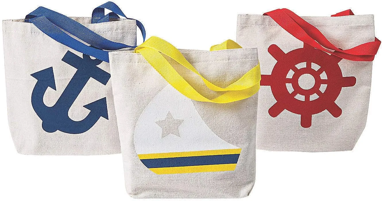 Fun Express Small Nautical Tote Bags - Set of 12 canvas bags - VBS Vacation Bible School Supplies/Decor - sailor party and nautical theme party favors