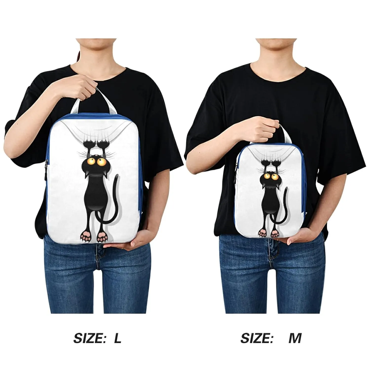 Funny Black Cat Cartoon Scratching Curtains on White 3 Piece set Cubes Expandable Adjustable Luggage Packing Bags, Ultralight Organizer Accessories Travel Suitcase Compressible Bags