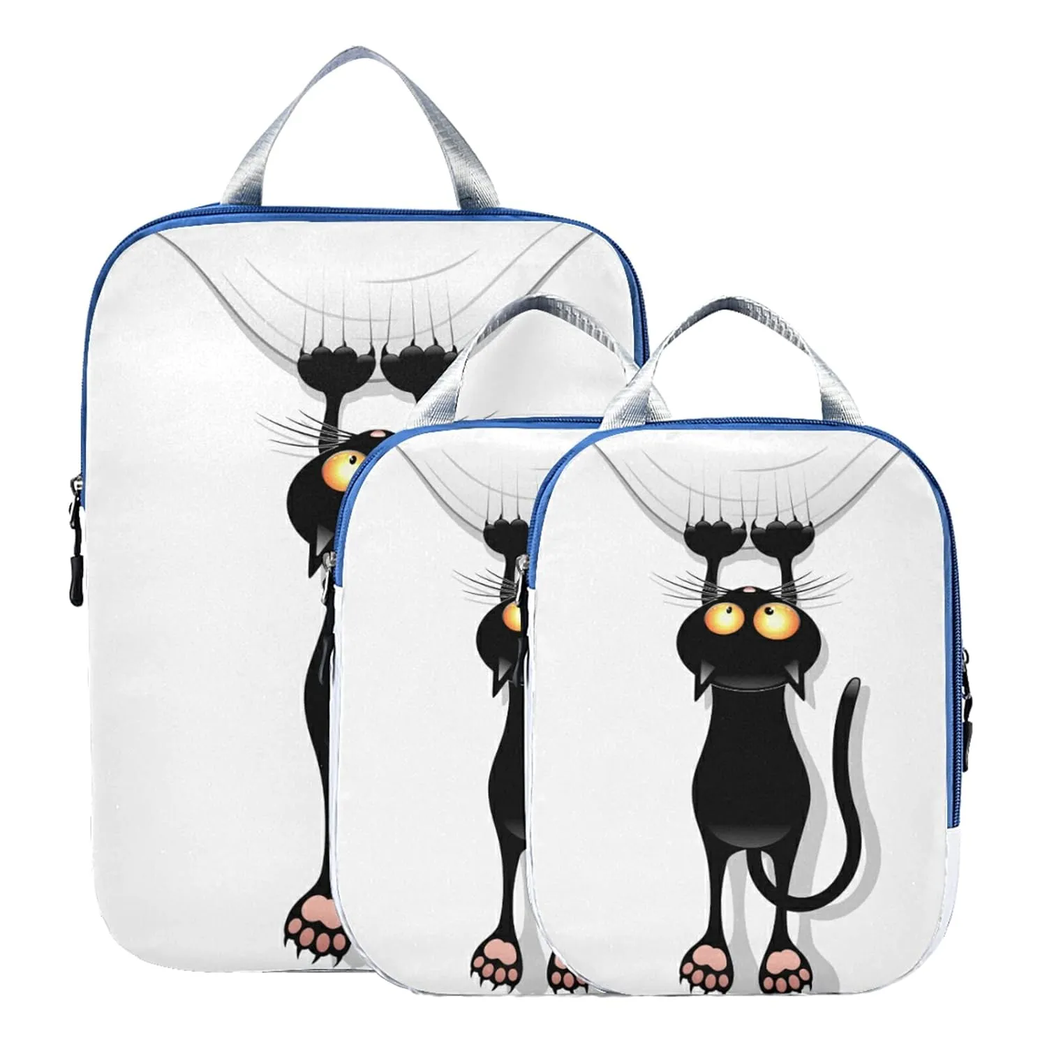 Funny Black Cat Cartoon Scratching Curtains on White 3 Piece set Cubes Expandable Adjustable Luggage Packing Bags, Ultralight Organizer Accessories Travel Suitcase Compressible Bags