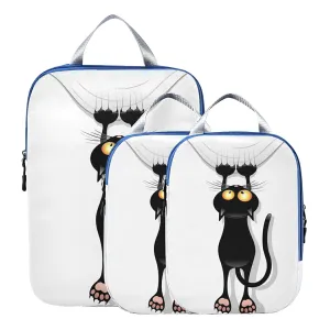 Funny Black Cat Cartoon Scratching Curtains on White 3 Piece set Cubes Expandable Adjustable Luggage Packing Bags, Ultralight Organizer Accessories Travel Suitcase Compressible Bags