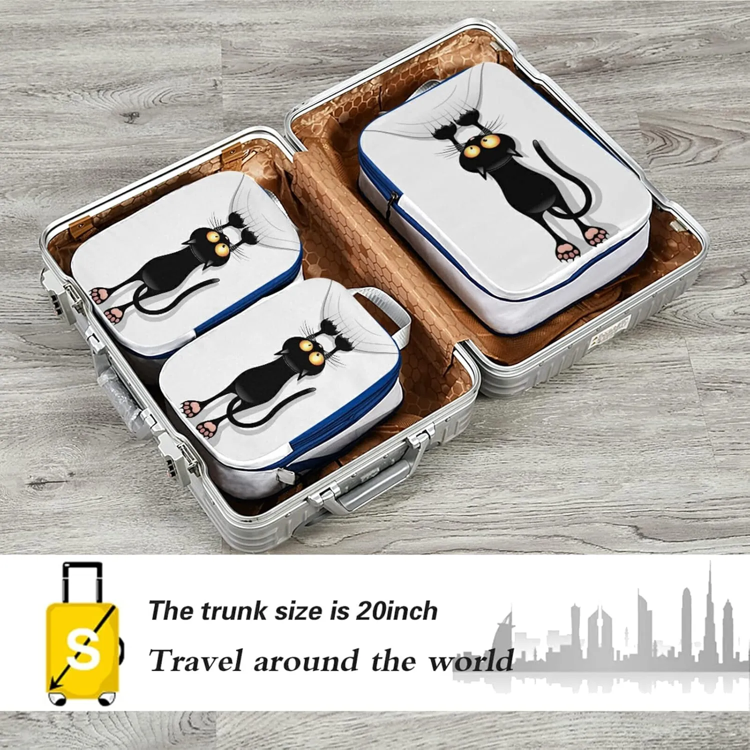 Funny Black Cat Cartoon Scratching Curtains on White 3 Piece set Cubes Expandable Adjustable Luggage Packing Bags, Ultralight Organizer Accessories Travel Suitcase Compressible Bags