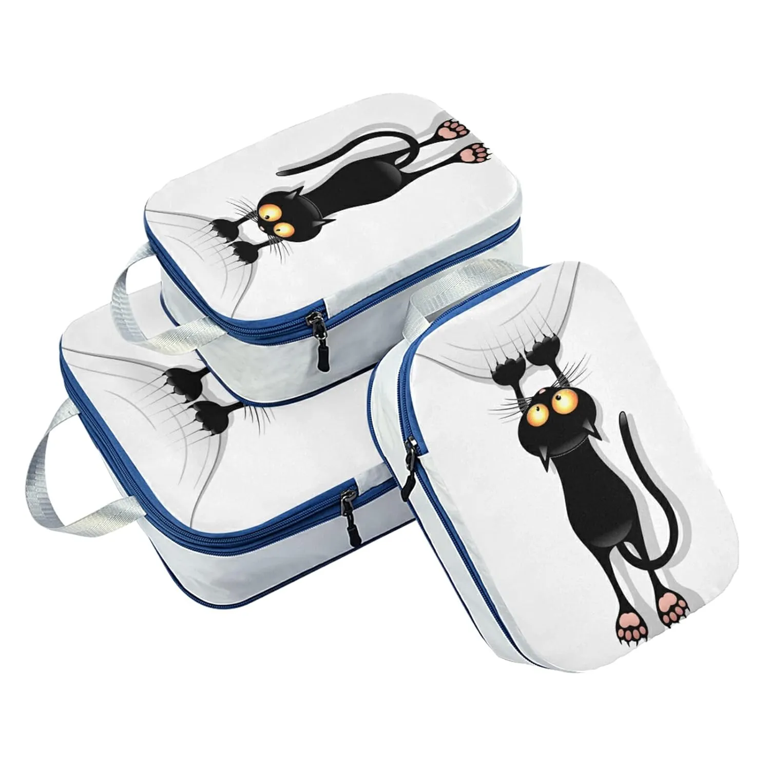 Funny Black Cat Cartoon Scratching Curtains on White 3 Piece set Cubes Expandable Adjustable Luggage Packing Bags, Ultralight Organizer Accessories Travel Suitcase Compressible Bags