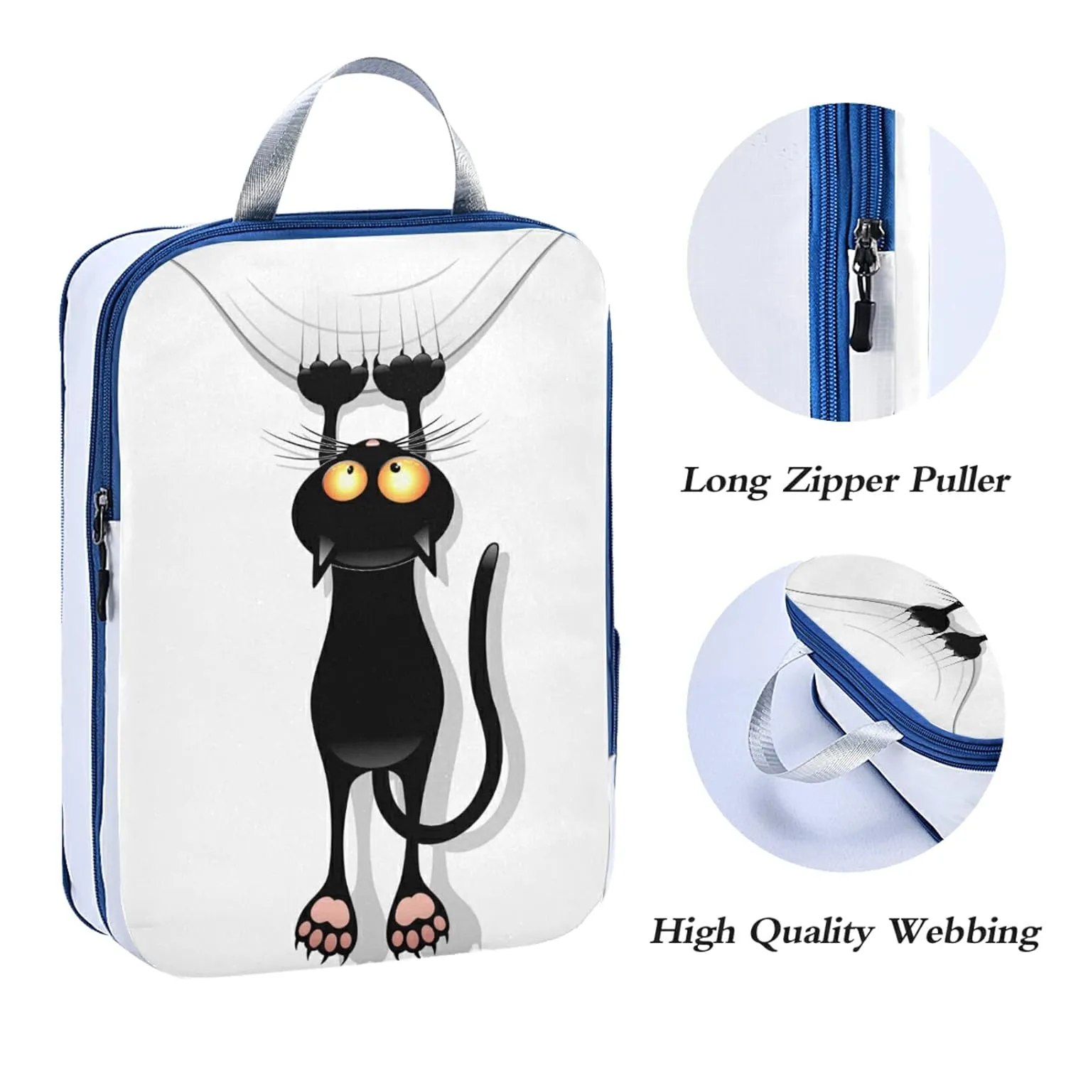 Funny Black Cat Cartoon Scratching Curtains on White 3 Piece set Cubes Expandable Adjustable Luggage Packing Bags, Ultralight Organizer Accessories Travel Suitcase Compressible Bags