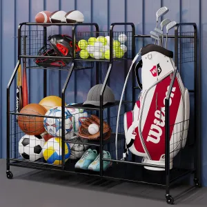 Garage Sports Equipment Organizer & 2 Golf Bag Organizer, Sports Organizer For Garage Outdoor Toy Storage Ball Storage Golf Organizer For Garage with Baskets, Hooks