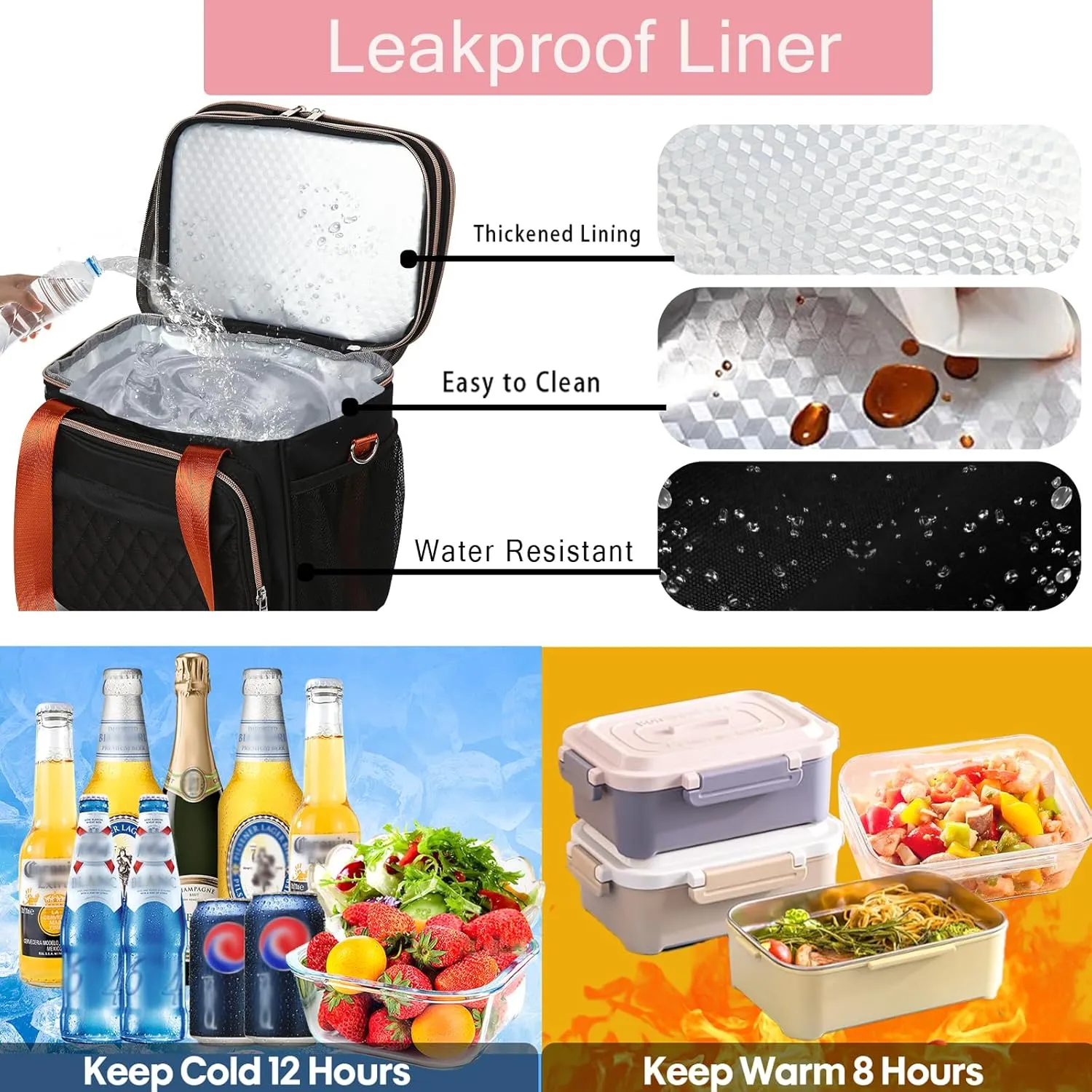 GLENKEY Expandable Lightweight Insulated Lunch Box for Women, Double Deck Large Lunch Bag Leakproof Soft Cooler Bags with Shoulder Strap for Adults Work Office Flight Beach Travel, Black, 16L