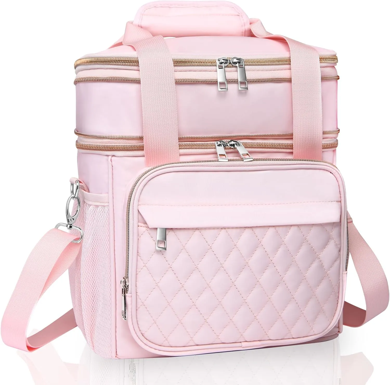 GLENKEY Expandable Lightweight Insulated Lunch Box for Women, Double Deck Large Lunch Bag Leakproof Soft Cooler Bags with Shoulder Strap for Adults Work Office Flight Beach Travel, Pink, 16L