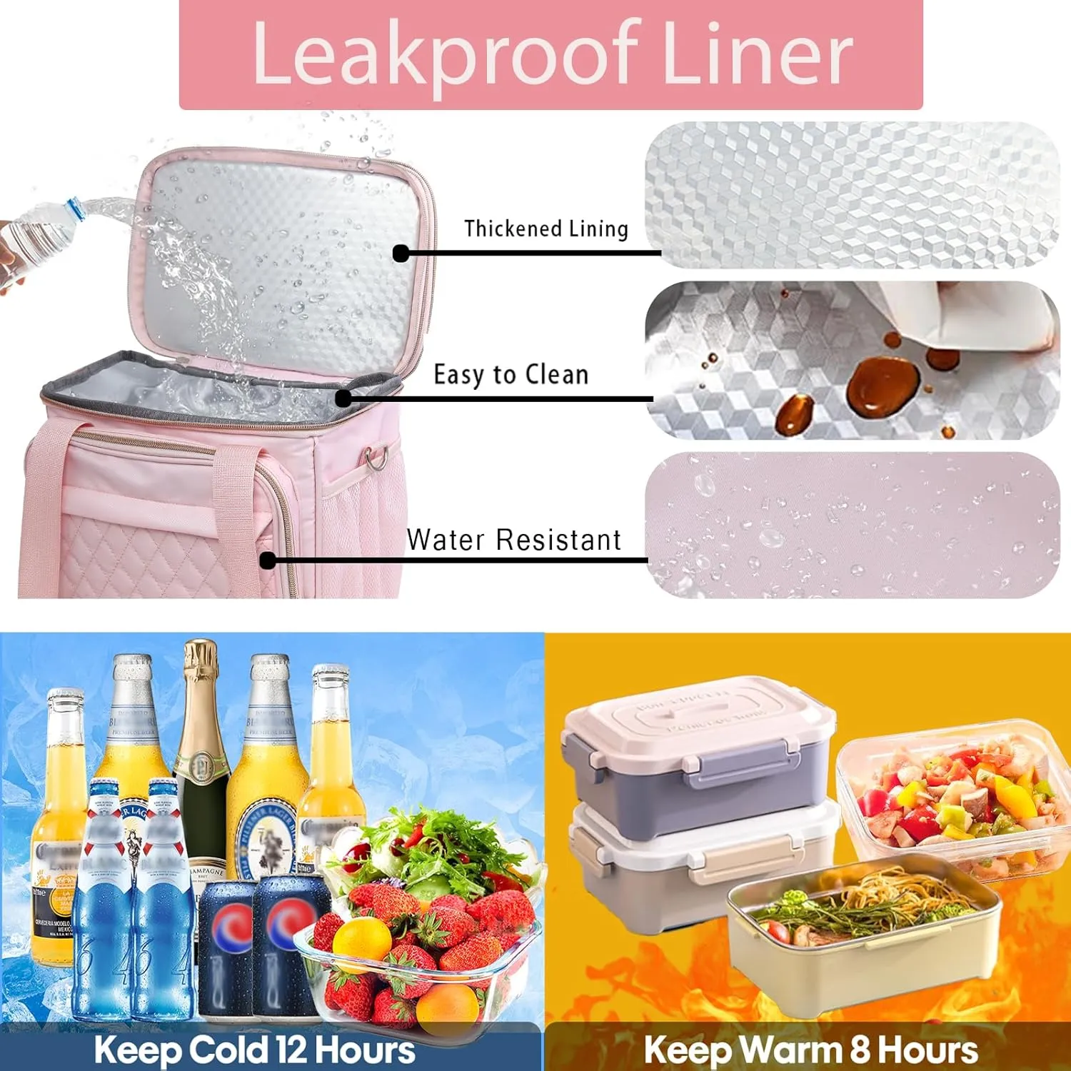 GLENKEY Expandable Lightweight Insulated Lunch Box for Women, Double Deck Large Lunch Bag Leakproof Soft Cooler Bags with Shoulder Strap for Adults Work Office Flight Beach Travel, Pink, 16L