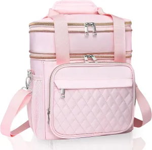 GLENKEY Expandable Lightweight Insulated Lunch Box for Women, Double Deck Large Lunch Bag Leakproof Soft Cooler Bags with Shoulder Strap for Adults Work Office Flight Beach Travel, Pink, 16L