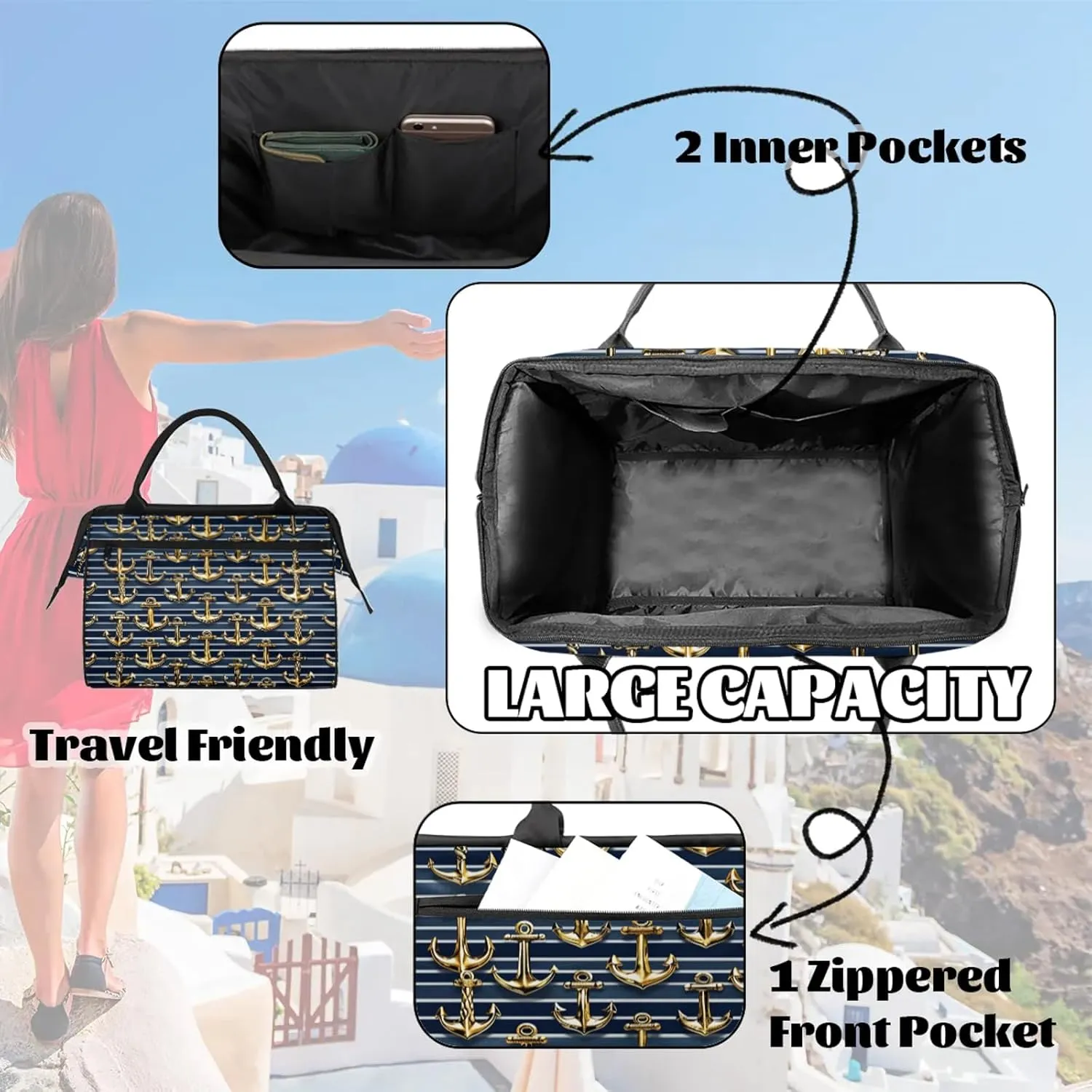 Gold Anchor Ocean Large Travel Duffel Bag Gym Tote Bag for Women Men Waterproof Weekend Overnight Bag Carry On Tote Luggage with Pocket Personal Item Bags Sports Bag fit Travel Sports Gym Yoga